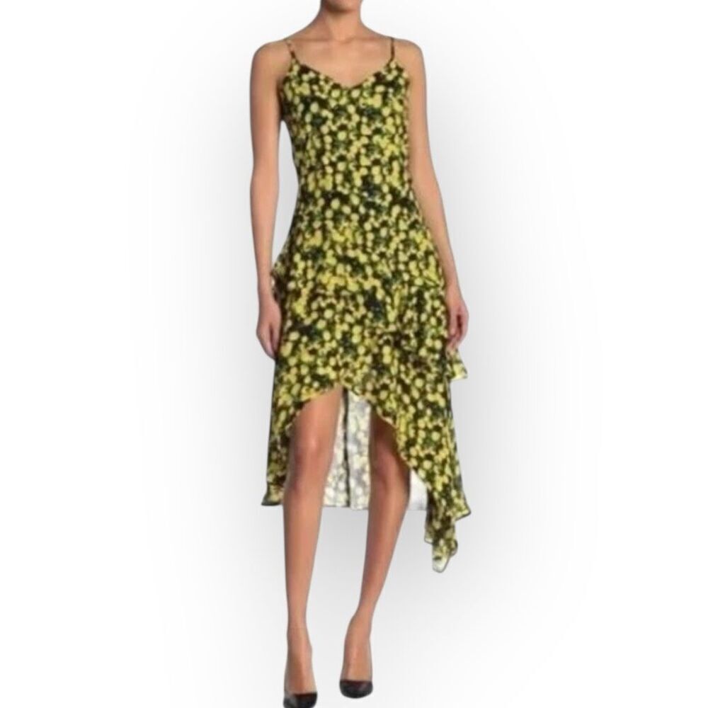$338 Parker Limon Patterned Ruffled Hi-Lo Midi Dress Lemons Size Medium
